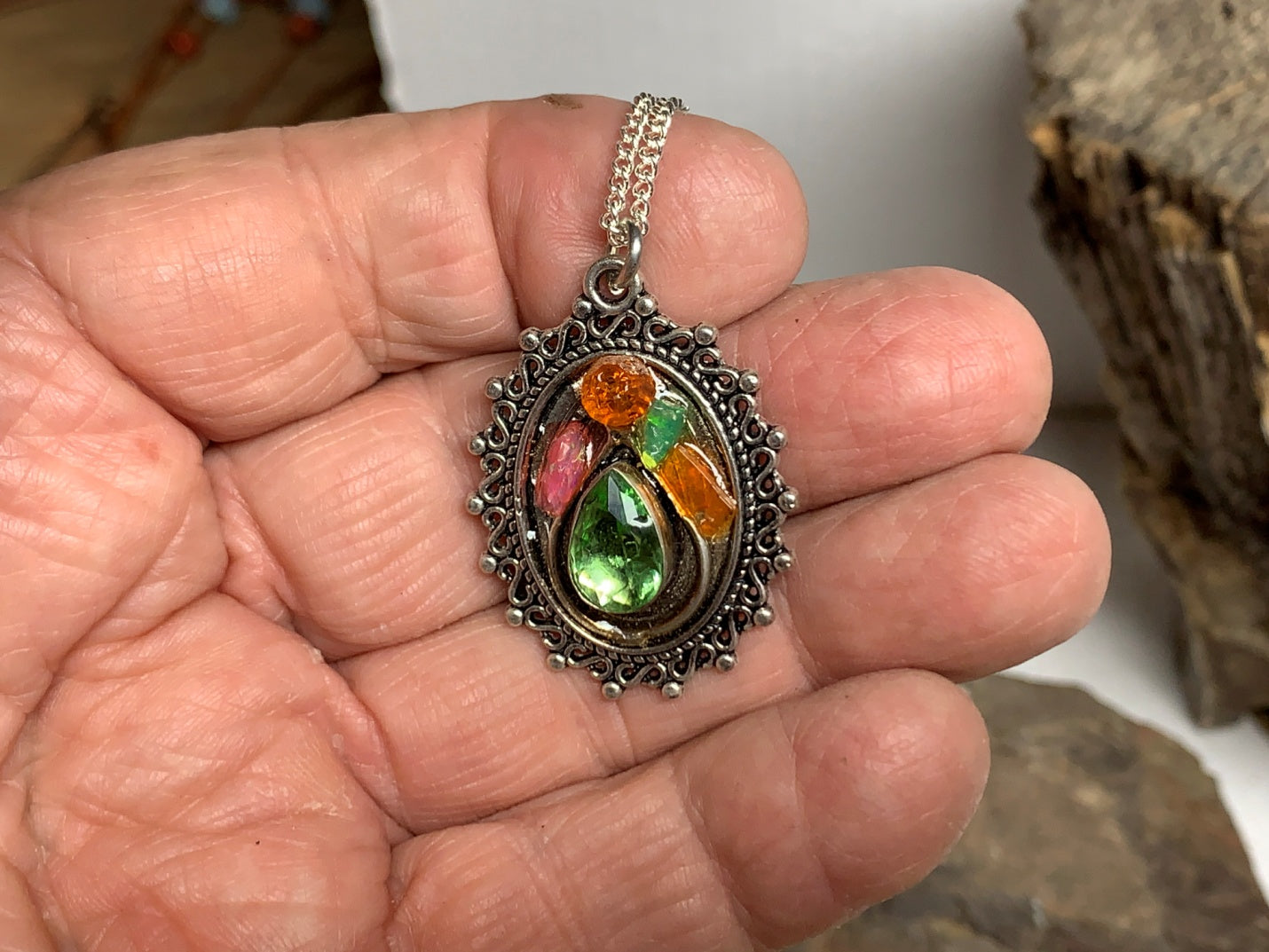 Pendant Opal Peridot on Antique Silver