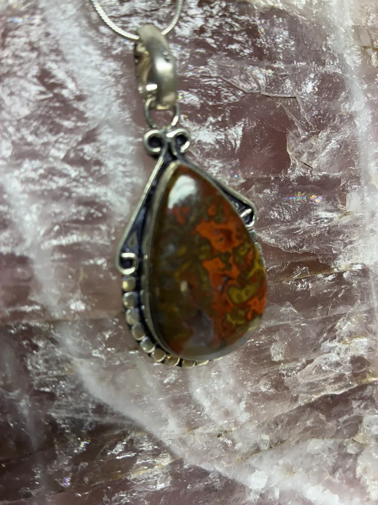 Red Moss Agate Pendant on Antique Metal Bezel, photo 2 of 5