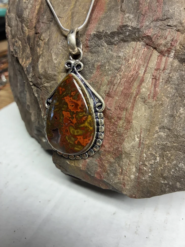 Red Moss Agate Pendant on Antique Metal Bezel, photo 4 of 5