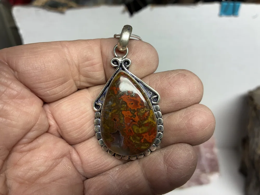 Red Moss Agate Pendant on Antique Metal Bezel, photo 5 of 5
