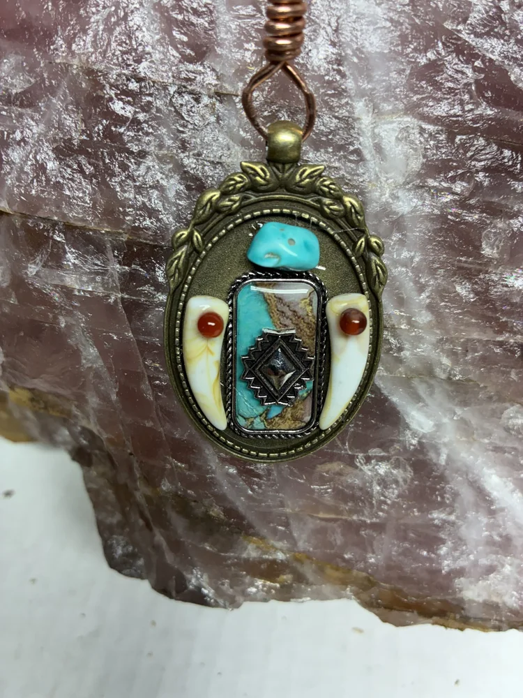 Southwestern Brass Pendant with Wolf Tooth Accents, photo 2 of 5