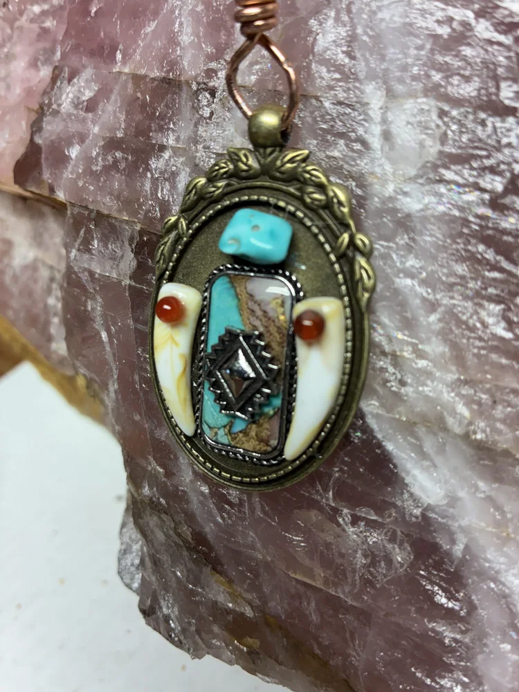 Southwestern Brass Pendant with Wolf Tooth Accents, photo 3 of 5