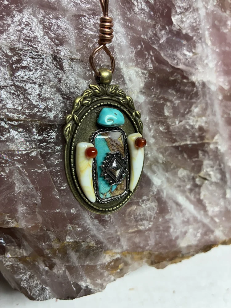 Southwestern Brass Pendant with Wolf Tooth Accents, photo 4 of 5
