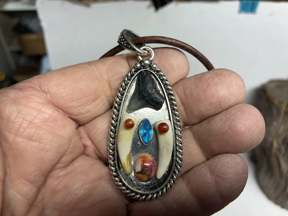 Southwestern Shark Tooth and Oyster Shell Turquoise Pendant, photo 2 of 6