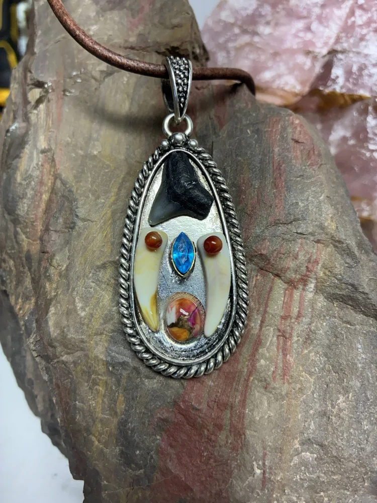 Southwestern Shark Tooth and Oyster Shell Turquoise Pendant, photo 3 of 6