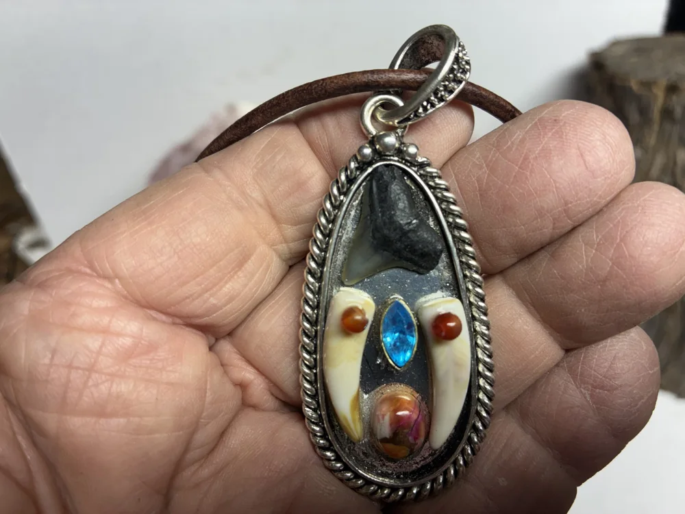 Southwestern Shark Tooth and Oyster Shell Turquoise Pendant, photo 6 of 6