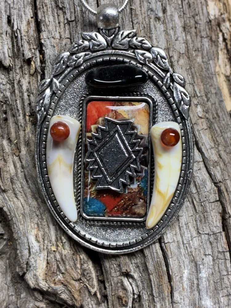 Obsidian and Ruby Eye Wolf Tooth Pendant on Silver Snake Chain, photo 2 of 7