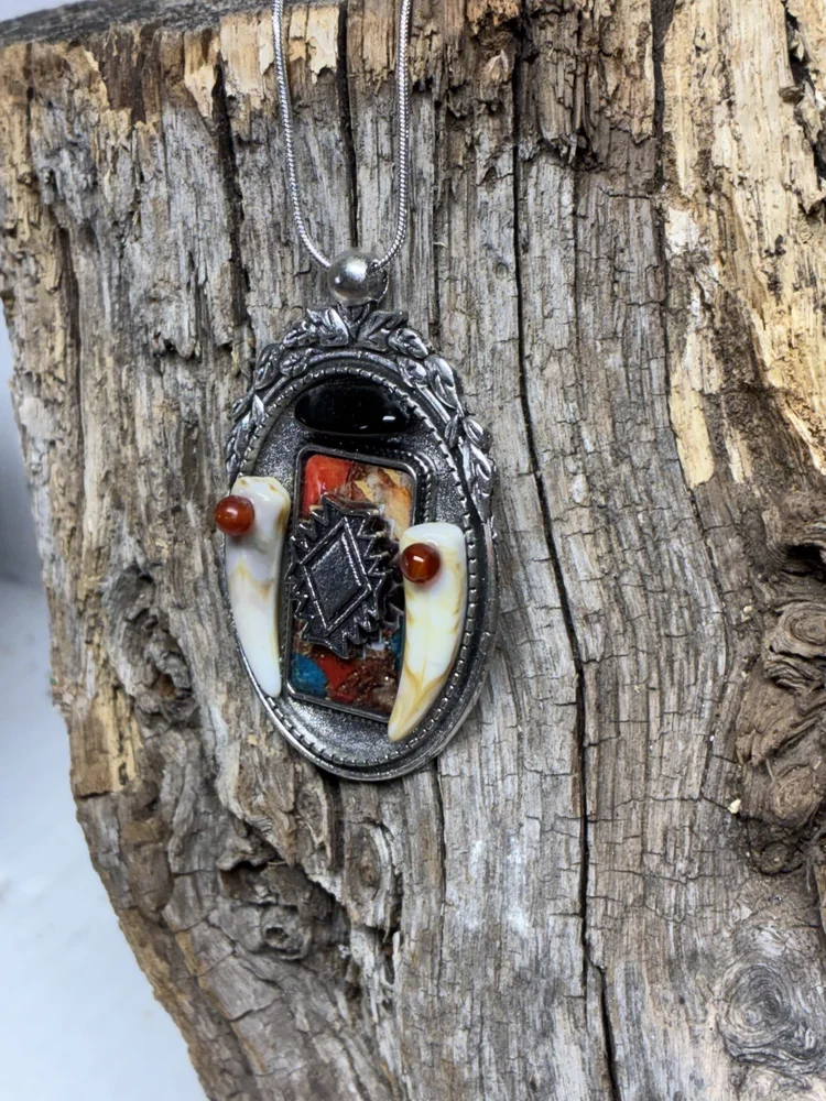 Obsidian and Ruby Eye Wolf Tooth Pendant on Silver Snake Chain, photo 3 of 7