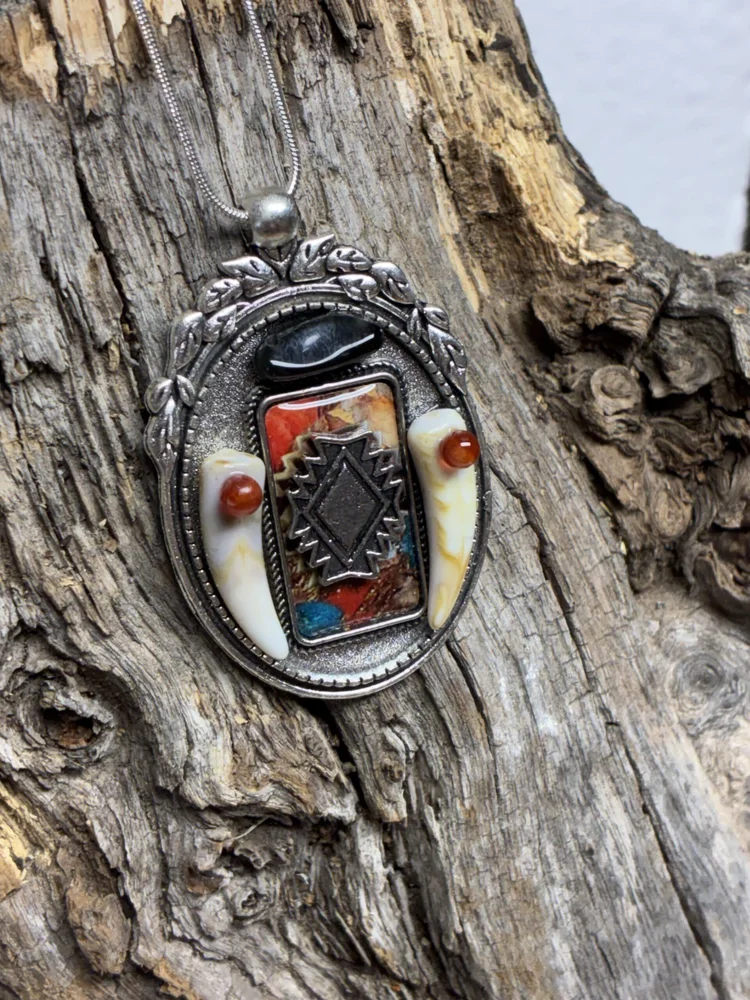 Obsidian and Ruby Eye Wolf Tooth Pendant on Silver Snake Chain, photo 4 of 7