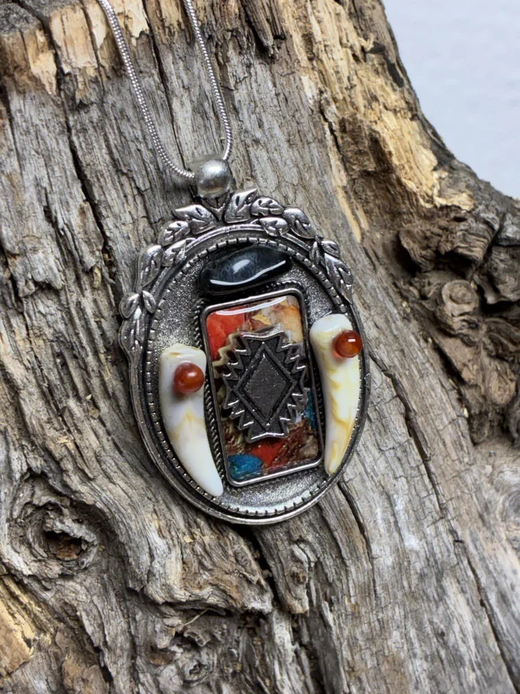 Obsidian and Ruby Eye Wolf Tooth Pendant on Silver Snake Chain, photo 5 of 7
