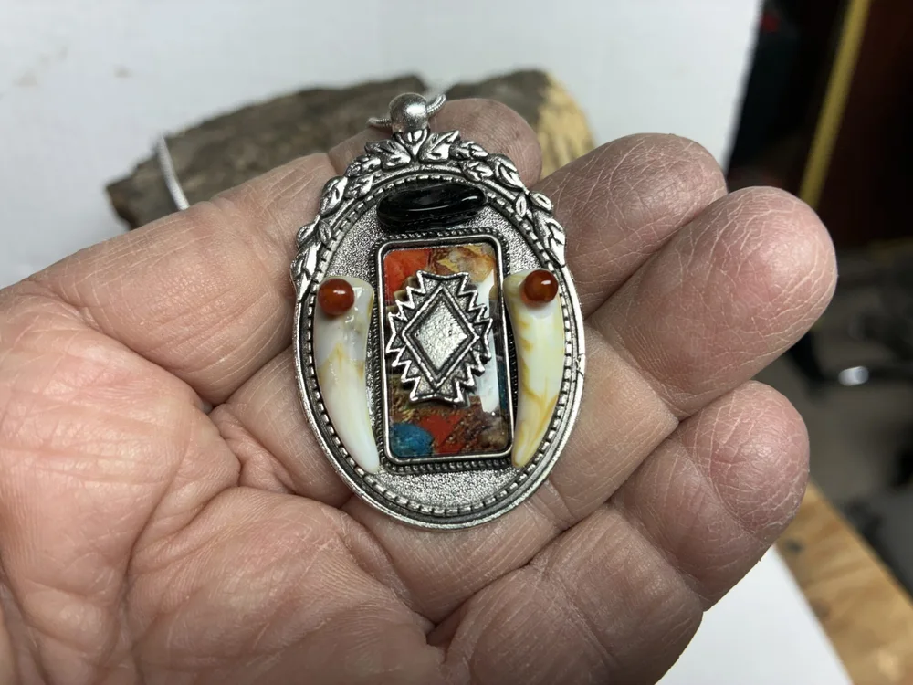 Obsidian and Ruby Eye Wolf Tooth Pendant on Silver Snake Chain, photo 7 of 7