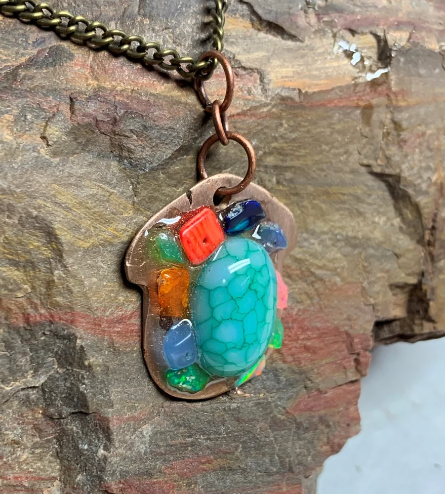Ethiopian Opal Agate Dragon Blood Agate Obsidian Red Coral on Copper, photo 2 of 3