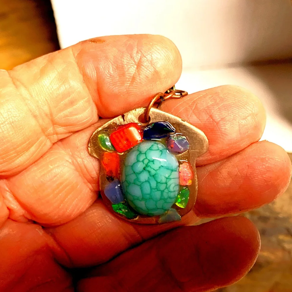 Ethiopian Opal Agate Dragon Blood Agate Obsidian Red Coral on Copper, photo 3 of 3