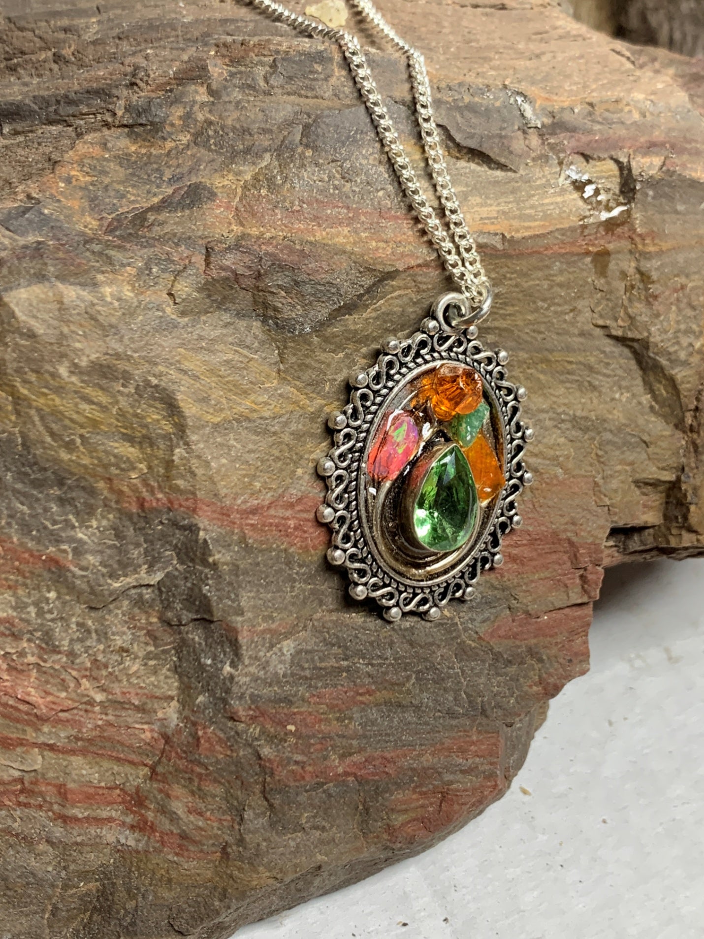 Pendant Opal Peridot on Antique Silver