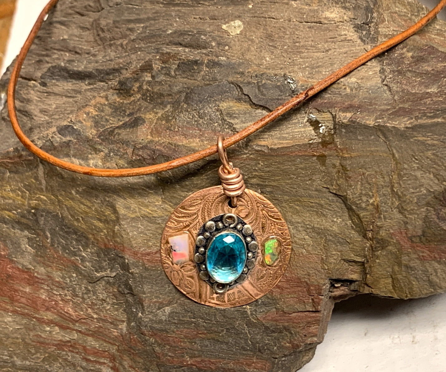 Pendant Opal Blue Crystal on Copper