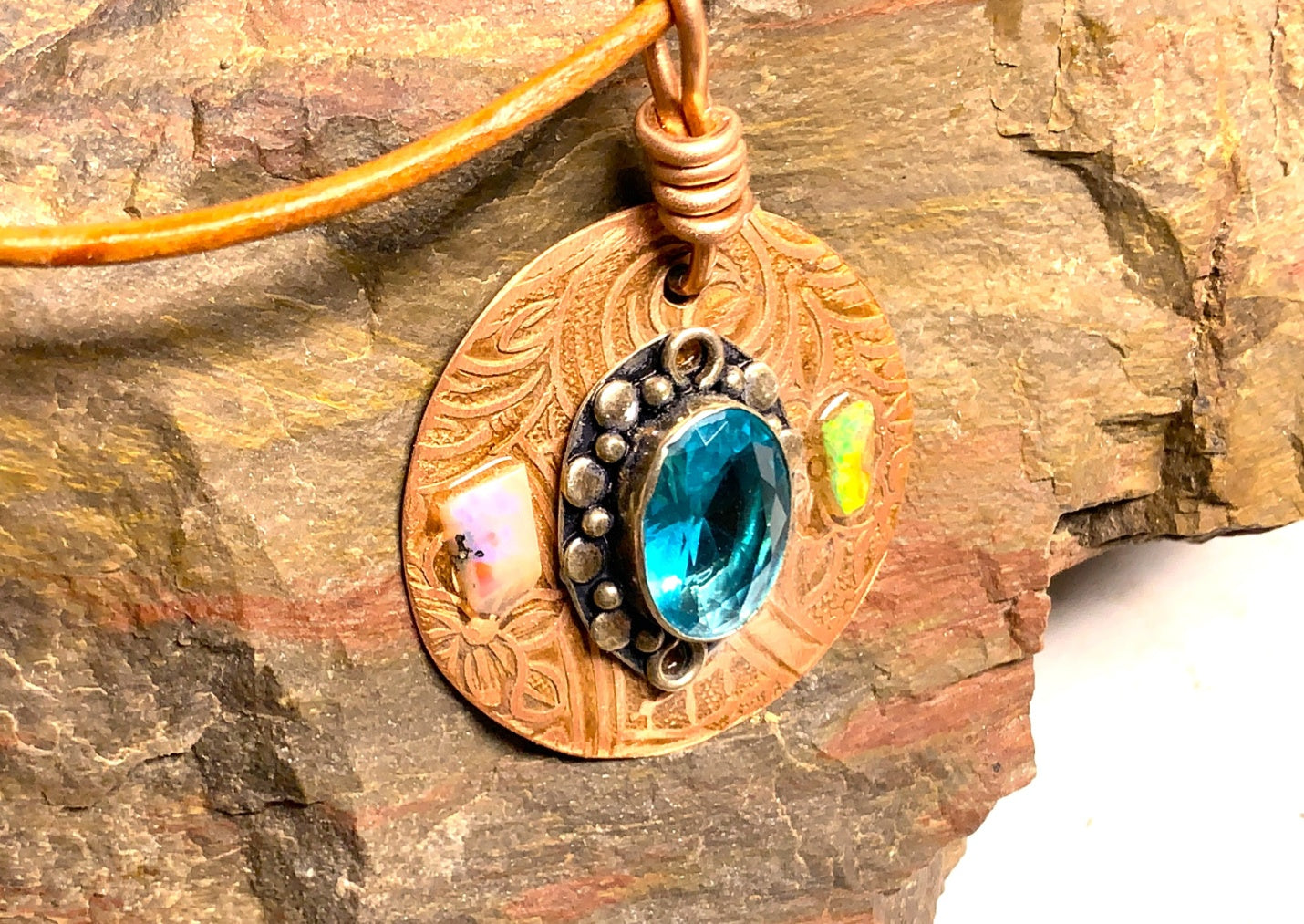 Pendant Opal Blue Crystal on Copper