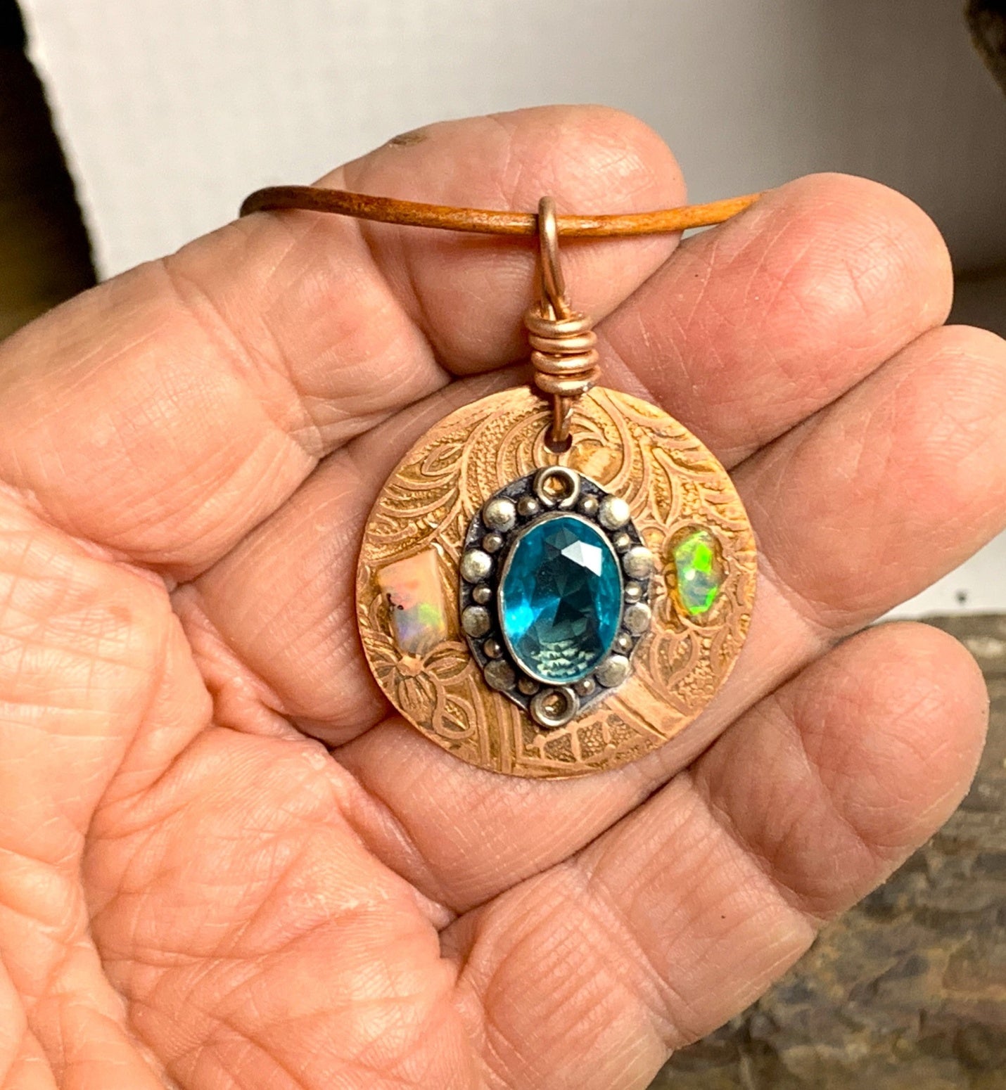 Pendant Opal Blue Crystal on Copper