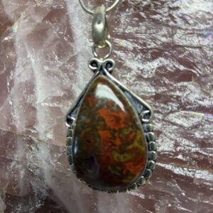 Red Moss Agate Pendant on Antique Metal Bezel