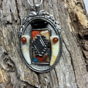 Obsidian and Ruby Eye Wolf Tooth Pendant on Silver Snake Chain